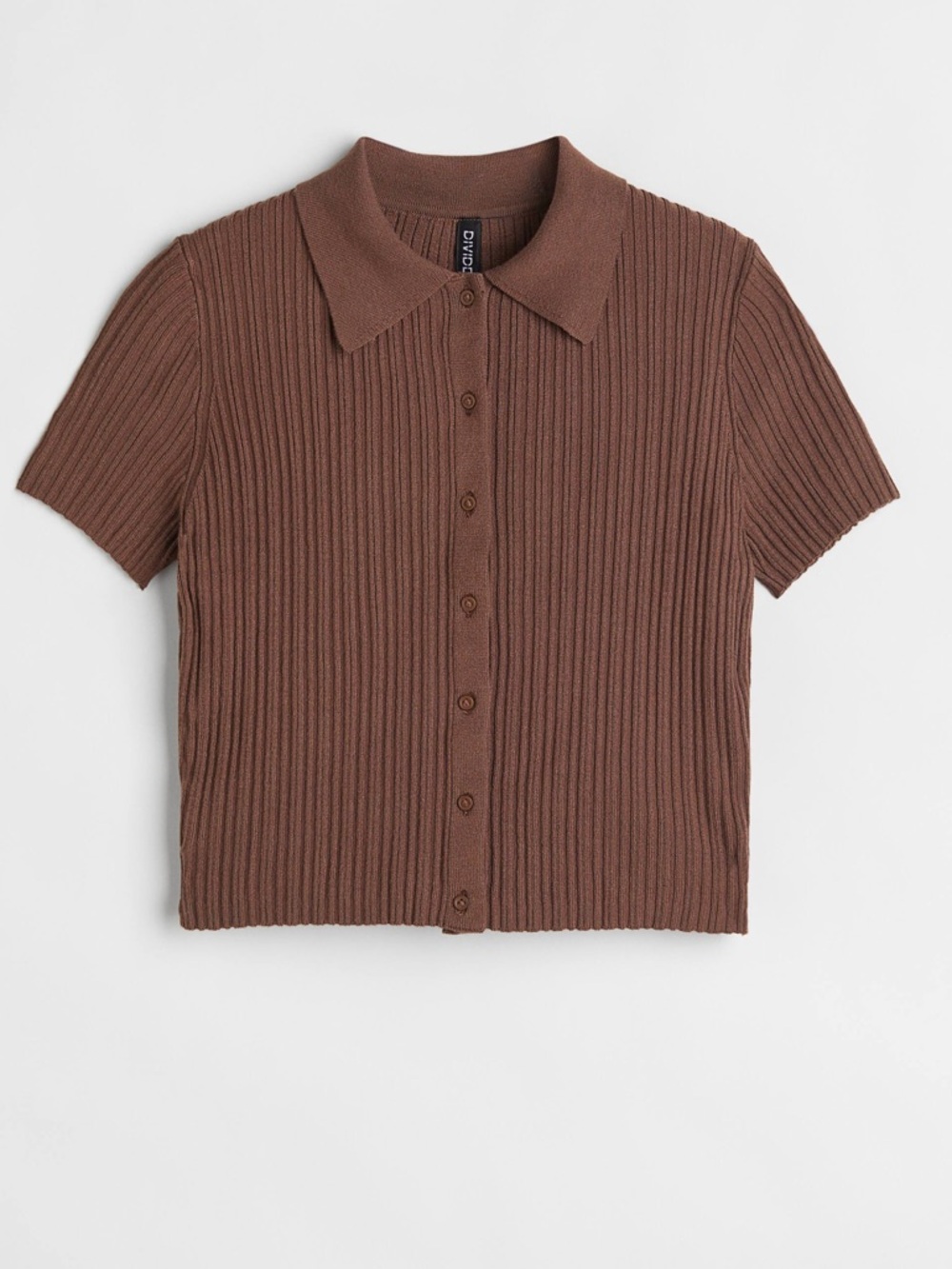 Brown Ribbed Short-Sleeve Button-Up Polo Top